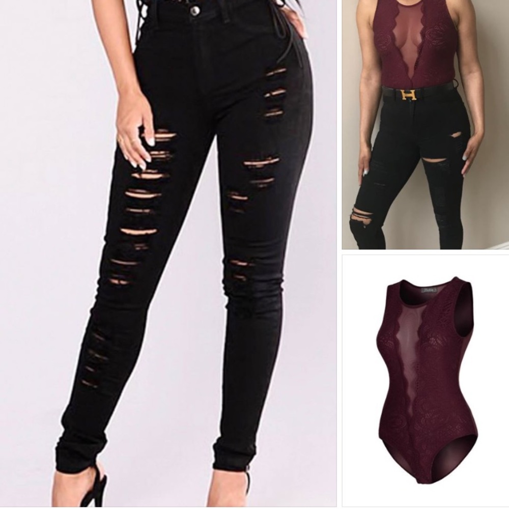 Ripped black jeans and Burgundy Lace Bodysuit